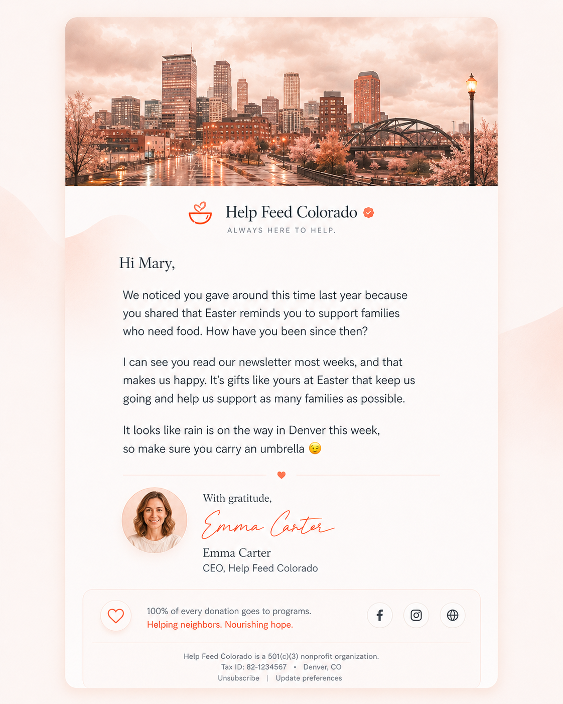 A personalized fundraising email to a donor named Mary, with a warm note and gratitude