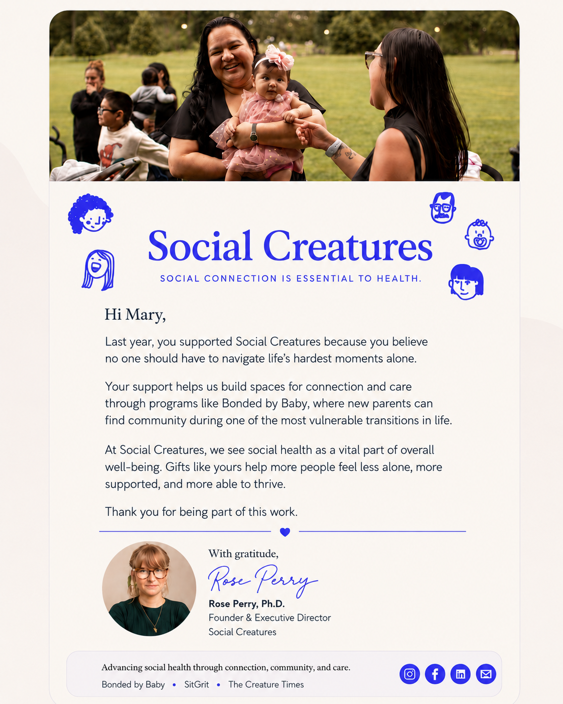 A Social Creatures email to a donor named Mary from founder Rose Perry, thanking her for supporting social health