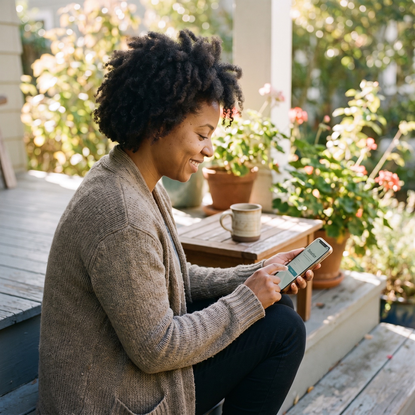 A supporter completing a gift on her phone on a sunny porch