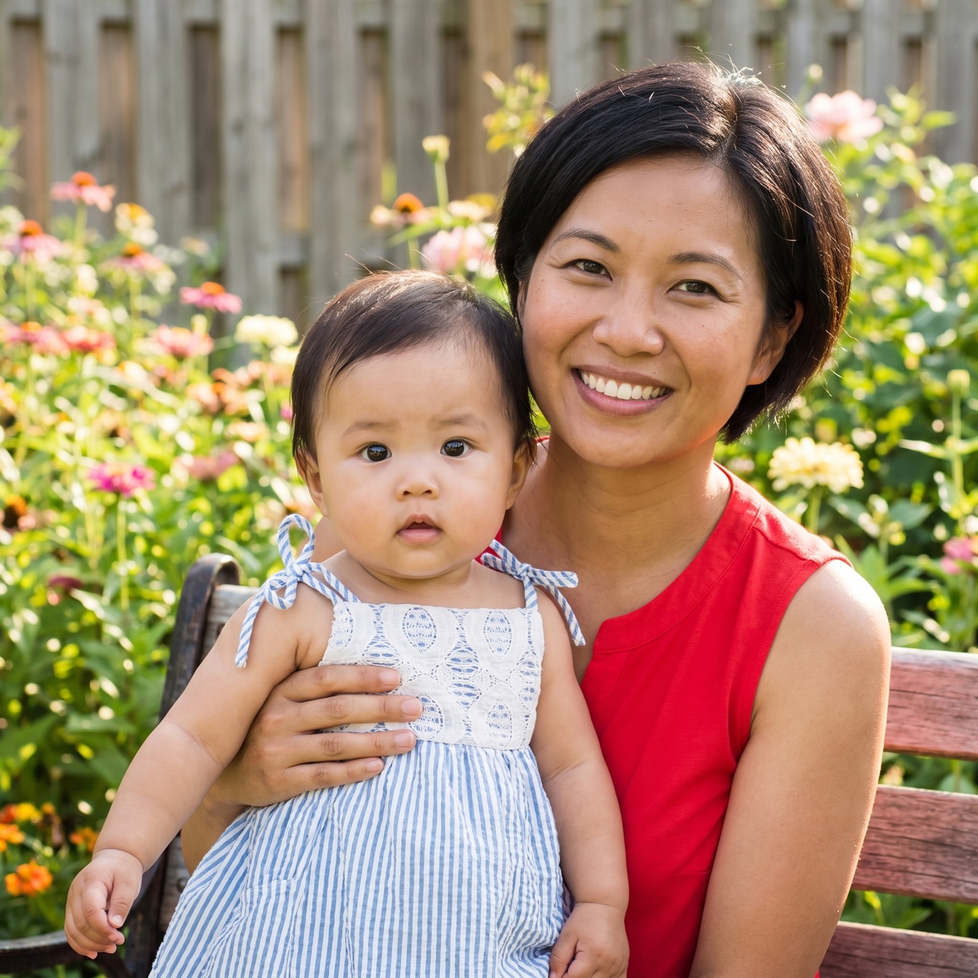 A mother holding her baby in a sunlit flower garden